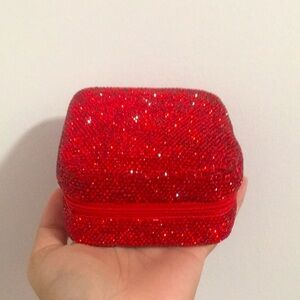 Red Shiny Rhinestone Decor Bling Jewelry Organizer Storage Box Travel Container